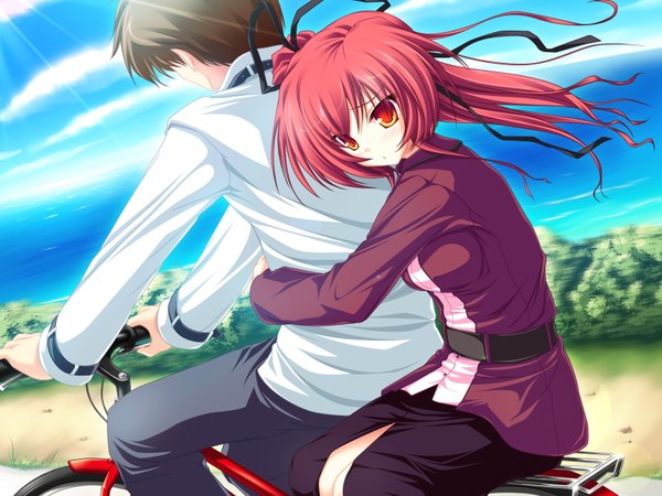 Anime picture 1600x1200 with magus tale whirlpool (studio) seera finis victoria amagase daiki tenmaso long hair blush short hair red eyes brown hair game cg sky ponytail red hair wind hug side ponytail girl boy ribbon (ribbons)