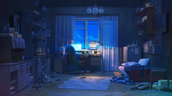 Anime picture 1920x1080 with everlasting summer iichan eroge arsenixc vvcephei highres wide image game cg indoors wallpaper evening no people collaboration messy room shoes window book (books) bed pants cup bottle