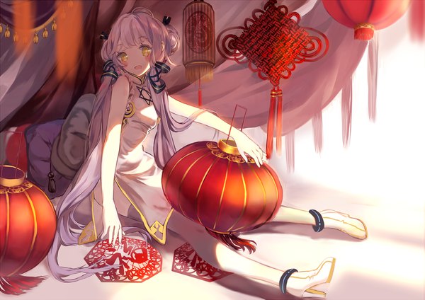 Anime picture 1838x1300 with vocaloid vocaloid china xingchen bou shaku single long hair looking at viewer blush highres sitting bare shoulders yellow eyes purple hair full body traditional clothes :o chinese clothes side slit tress ribbon hexagram