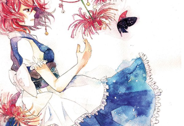 Anime picture 1500x1032 with touhou onozuka komachi shiratsuyu single short hair simple background red eyes white background red hair profile traditional media watercolor (medium) girl dress flower (flowers) insect butterfly bell jingle bell higanbana