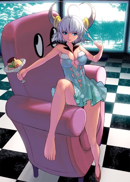 Anime picture 858x1200 with original masao single tall image fringe short hair breasts blue eyes light erotic smile large breasts sitting bare shoulders holding looking away cleavage ahoge bent knee (knees) white hair indoors