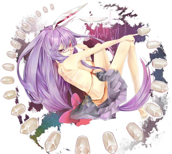 Anime picture 1400x1250 with touhou reisen udongein inaba shiyui (artist) single long hair breasts light erotic red eyes bare shoulders purple hair barefoot bunny ears bunny girl girl skirt glasses bikini top bullet