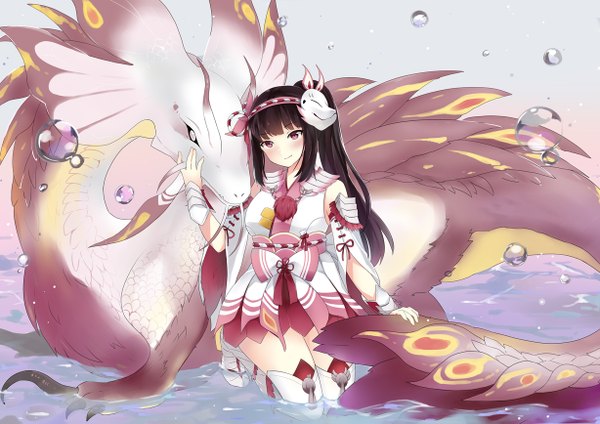 Anime picture 1228x868 with monster hunter monster hunter x monster hunter (character) mizutsune mizutsune (armor) kaetzchen single long hair looking at viewer blush black hair smile brown eyes bent knee (knees) tail traditional clothes head tilt japanese clothes horn (horns) kneeling