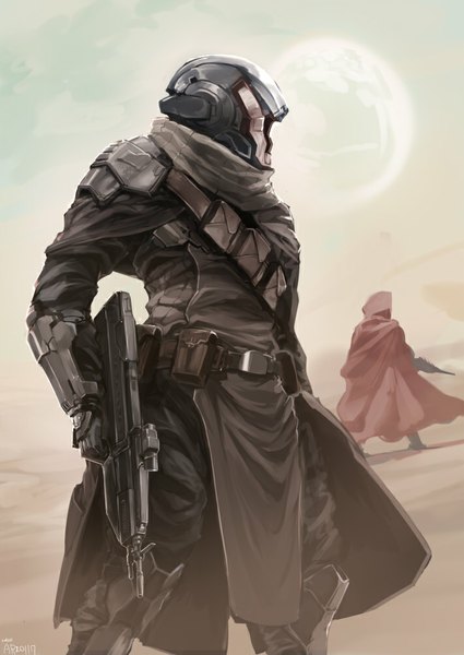 Anime picture 709x1001 with destiny (game) warlock ario tall image standing looking away sand boy weapon belt scarf armor gun hood cape helmet fanny pack