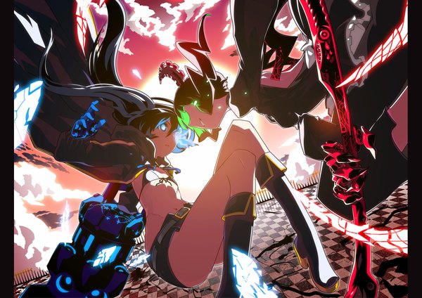 Anime picture 4093x2894 with black rock shooter black rock shooter (character) dead master tsuru (artist) long hair highres blue eyes black hair twintails multiple girls absurdres horn (horns) midriff glowing flat chest scar glowing eye (eyes) battle checkered background curly hair