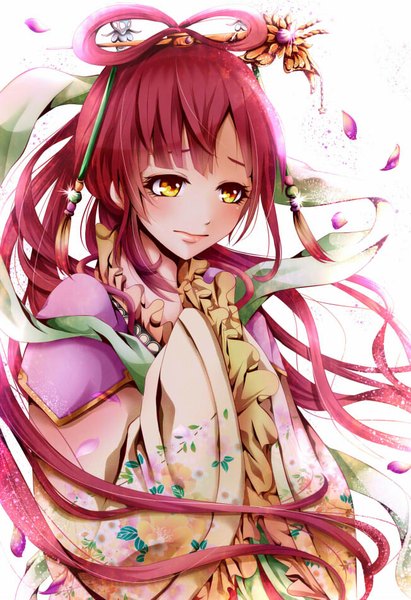 Anime picture 651x950 with magi the labyrinth of magic a-1 pictures ren kougyoku kaya (hydego) single long hair tall image blush fringe simple background white background yellow eyes looking away red hair traditional clothes head tilt lips lens flare floral print sleeves past wrists