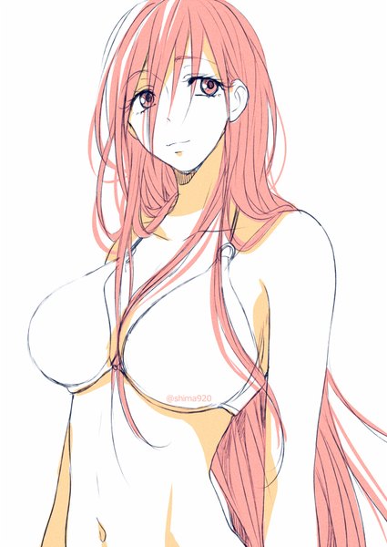 Anime picture 600x847 with kuroko no basket production i.g momoi satsuki mashima shima single long hair tall image fringe breasts light erotic simple background hair between eyes large breasts white background signed looking away pink hair upper body pink eyes girl