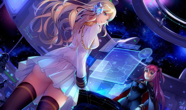 Anime picture 3647x2160 with original luo qingyu long hair fringe highres breasts blue eyes light erotic blonde hair hair between eyes wide image standing multiple girls looking away pink hair absurdres sky ass indoors long sleeves