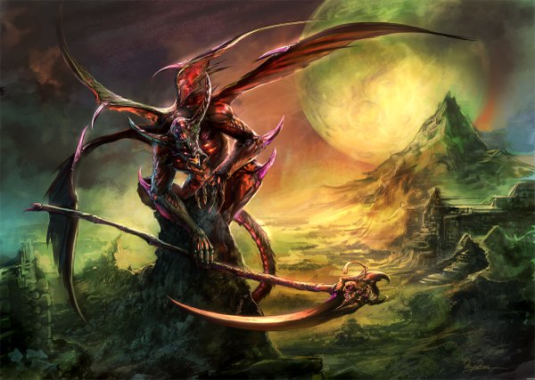 Anime picture 1200x855 with original hayaken (artist) sitting tail horn (horns) mountain fantasy rock demon weapon wings building (buildings) monster scythe planet creature thorns