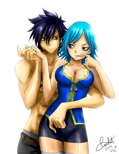 Anime picture 1794x2314 with fairy tail gray fullbuster juvia lockser tall image highres breasts light erotic blue hair cleavage purple hair tattoo hug finger to mouth muscle eye contact girl boy bodysuit