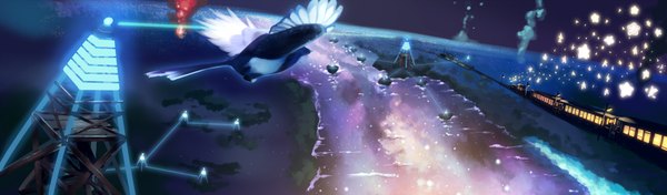 Anime picture 1700x500 with original scr (aira) wide image night night sky no people space river panorama animal bird (birds) star (stars) train pigeon