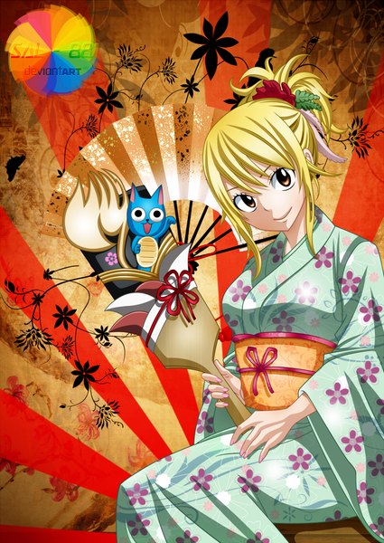 Anime picture 750x1059 with fairy tail lucy heartfilia happy (fairy tail) sal-88 single long hair tall image open mouth blonde hair smile brown eyes ponytail traditional clothes japanese clothes black eyes coloring girl animal belt kimono