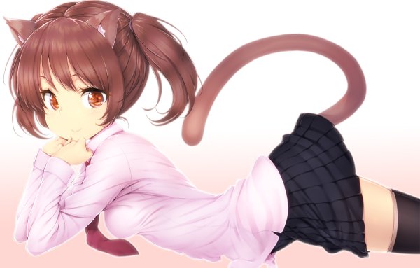 Anime picture 1200x767 with original zizi (zz22) single looking at viewer short hair smile brown hair brown eyes animal ears ponytail tail lying animal tail cat ears cat tail zettai ryouiki on stomach girl thighhighs skirt