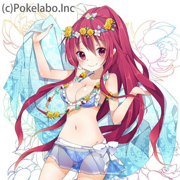Anime picture 1000x1000 with original chico152 single long hair looking at viewer blush breasts light erotic smile red eyes white background ponytail red hair midriff girl navel flower (flowers) swimsuit bikini