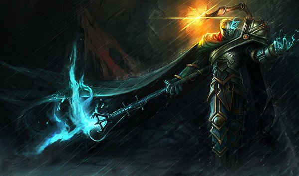 Anime picture 1000x590 with league of legends viktor (league of legends) single wide image standing magic glowing rain mountain glowing eye (eyes) lightning boy weapon armor cape cloak flame hand