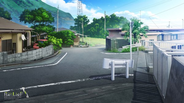 Anime picture 1280x720 with re:lief ebisutaro wide image sky cloud (clouds) outdoors sunlight inscription shadow copyright name mountain no people plant (plants) tree (trees) building (buildings) ground vehicle palm tree car house power lines