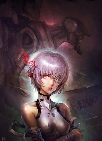 Anime picture 725x1000 with neon genesis evangelion gainax ayanami rei eva 00 fooltown tall image fringe short hair light erotic bare shoulders signed looking away purple hair pink eyes erect nipples glowing covered nipples glowing eye (eyes) girl bodysuit