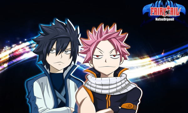 Anime picture 1622x972 with fairy tail natsu dragneel gray fullbuster natsudrgonil short hair black hair smile red eyes wide image pink hair inscription grey eyes coloring crossed arms boy scarf