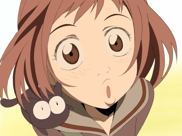 Anime picture 1024x767 with flcl gainax samejima mamimi takkun short hair open mouth simple background brown hair brown eyes girl cat