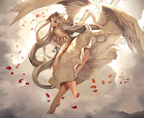 Anime picture 3858x3174 with original uuhui long hair looking at viewer highres blue eyes absurdres white hair barefoot hair flower bare legs girl dress hair ornament flower (flowers) petals wings