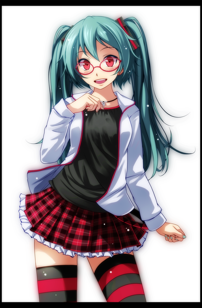 Anime picture 1707x2600 with vocaloid kocchi muite baby (vocaloid) hatsune miku tsukishiro saika single long hair tall image looking at viewer blush fringe highres open mouth simple background smile hair between eyes red eyes twintails nail polish fingernails aqua hair