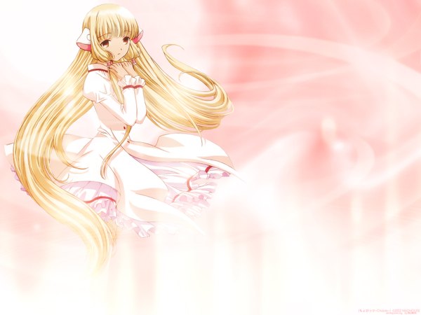 Anime picture 1600x1200 with chobits chii single fringe blonde hair brown eyes looking away blunt bangs very long hair wallpaper girl dress white dress hair tubes robot ears