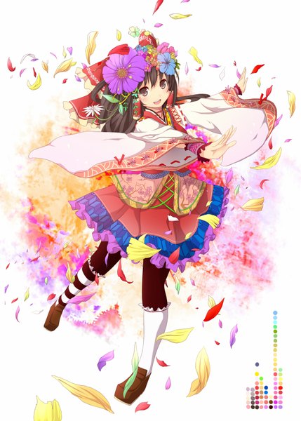 Anime picture 1294x1811 with touhou hakurei reimu akeboshi kagayo tall image black hair brown eyes hair flower alternate costume dancing girl hair ornament flower (flowers) bow hair bow detached sleeves petals leaf (leaves)