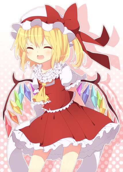 Anime picture 1650x2310 with touhou flandre scarlet abandon ranka single tall image blush short hair open mouth blonde hair eyes closed shadow girl dress skirt bow wings bonnet skirt set crystal