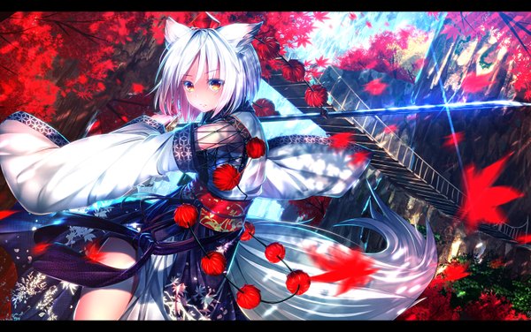 Anime picture 1593x1000 with touhou inubashiri momiji ryosios single looking at viewer short hair animal ears white hair tail traditional clothes animal tail blurry orange eyes floral print letterboxed wolf ears wolf tail waterfall kourindou tengu costume girl