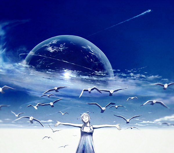 Anime picture 1133x1000 with original megatruh single sky cloud (clouds) white hair eyes closed spread arms flying girl dress animal bird (birds) planet