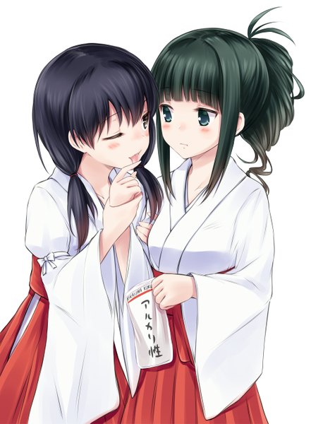 Anime picture 1000x1361 with saki jindai komaki takimi haru suzushiro yukari long hair tall image blush black hair simple background white background multiple girls brown eyes green eyes traditional clothes one eye closed green hair wink shoujo ai miko girl