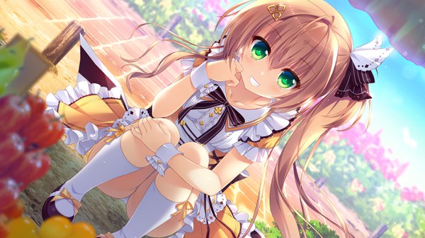 Anime picture 2560x1440 with karenai sekai to owaru hana yukina (karenai sekai to owaru hana) ameto yuki single long hair looking at viewer blush fringe highres open mouth light erotic blonde hair smile hair between eyes wide image green eyes game cg sky teeth dutch angle