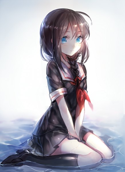 Anime picture 800x1101 with kantai collection shigure destroyer imi fumei single long hair tall image looking at viewer fringe blue eyes smile brown hair bent knee (knees) braid (braids) pleated skirt sunlight single braid girl skirt ribbon (ribbons) hair ribbon