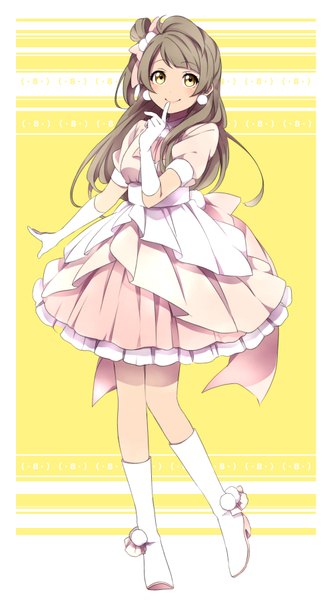 Anime picture 1000x1800 with love live! school idol project sunrise (studio) love live! minami kotori sekina single long hair tall image blush fringe smile yellow eyes grey hair hair bun (hair buns) one side up finger to mouth looking up yellow background girl dress