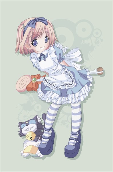 Anime picture 1000x1513 with alice in wonderland moetan nijihara ink morrow single tall image short hair blue eyes blonde hair smile full body loli one side up grin girl dress bow pantyhose hairband bell