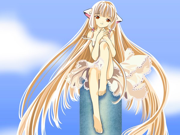 Anime picture 1600x1200 with chobits chii long hair blonde hair bare shoulders very long hair barefoot orange eyes girl sundress