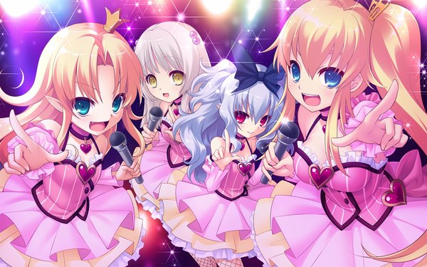 Anime picture 1920x1200 with prismatic princess union stars rena grimoire long hair highres open mouth blue eyes blonde hair red eyes wide image bare shoulders multiple girls green eyes yellow eyes blue hair game cg white hair pointy ears teeth loli fang (fangs)