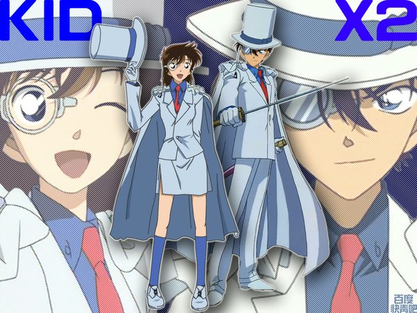 Anime picture 1024x768 with detective conan kaito kid aoko nakamori long hair short hair open mouth blue eyes brown hair zoom layer girl boy sword necktie suit top hat monocle