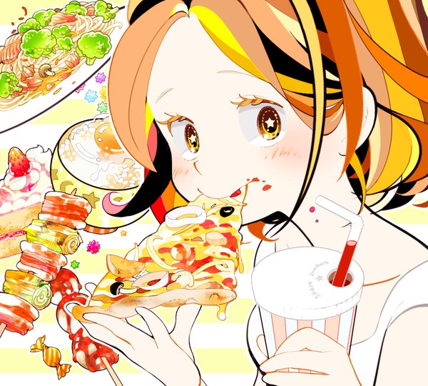 Anime picture 1000x900 with uchuu kyoudai a-1 pictures itou serika mochikin (jijijin) single blush short hair smile brown hair yellow eyes looking away eating girl food sweets candy cake wagashi dango pizza