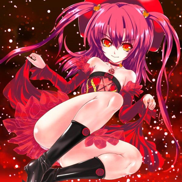 Anime picture 1200x1200 with demonbane another blood huhuhunohito (pixiv id427728) single long hair blush light erotic red eyes bare shoulders red hair light smile legs flat chest girl dress underwear panties hat detached sleeves choker