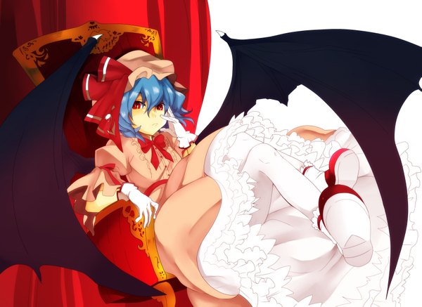 Anime picture 3501x2550 with touhou remilia scarlet fumiko (miruyuana) single highres short hair red eyes blue hair absurdres girl dress gloves wings shoes bonnet