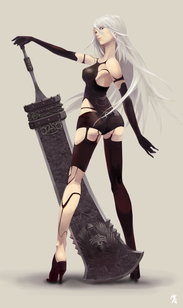 Anime picture 2756x4632 with nier nier:automata yorha type a no. 2 sukoshisukunai single long hair tall image looking at viewer highres blue eyes light erotic simple background bare shoulders signed silver hair full body ass looking back lips grey background