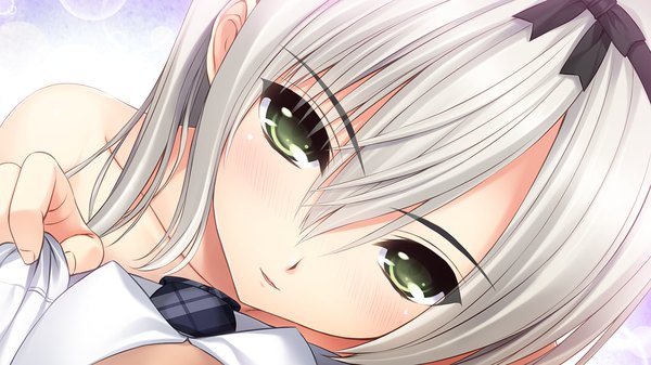 Anime picture 1280x720 with semiramis no tenbin akibe eru long hair looking at viewer wide image green eyes game cg white hair light smile face girl hairband