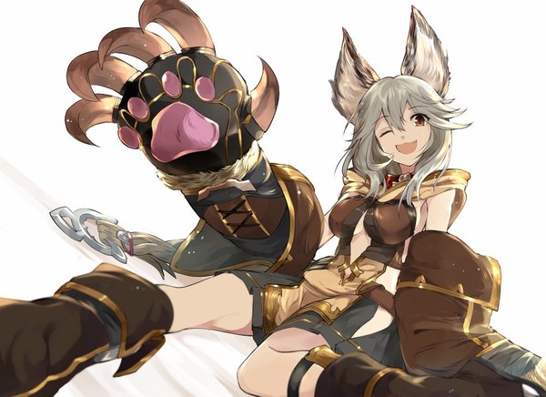Anime picture 1000x727 with granblue fantasy sen (granblue fantasy) touzai (poppin phl95) single looking at viewer blush fringe breasts open mouth simple background smile hair between eyes large breasts white background sitting brown eyes animal ears payot bent knee (knees) white hair