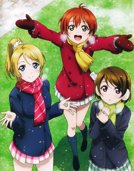 Anime picture 4783x6096 with love live! school idol project sunrise (studio) love live! ayase eli hoshizora rin koizumi hanayo long hair tall image highres short hair open mouth blue eyes blonde hair brown hair purple eyes multiple girls green eyes absurdres from above scan