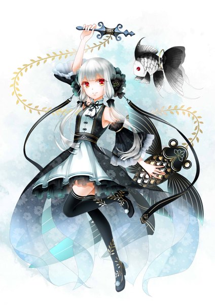 Anime picture 1000x1414 with original stari single long hair tall image looking at viewer red eyes white hair girl thighhighs dress hair ornament black thighhighs detached sleeves fish (fishes)