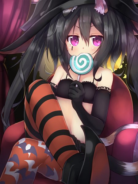 Anime picture 768x1024 with original amano kouki single long hair tall image blush black hair sitting purple eyes twintails animal ears looking away tail animal tail cat ears bare belly cat tail loli crossed legs halloween