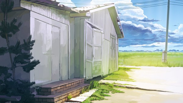 Anime picture 1200x675 with original arsenixc wide image sky cloud (clouds) landscape plant (plants) tree (trees) building (buildings) grass power lines