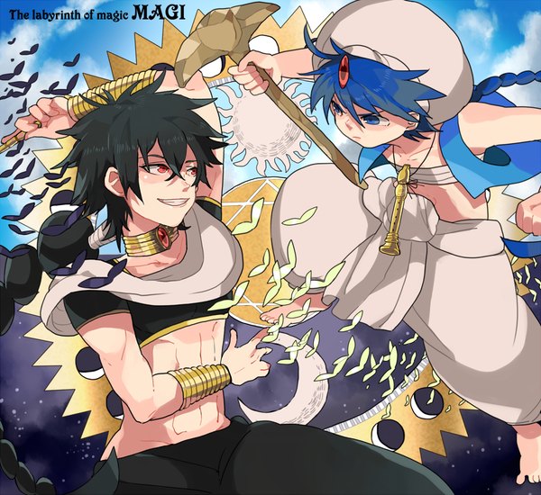 Anime picture 1000x918 with magi the labyrinth of magic a-1 pictures judal aladdin (magi) kuromame long hair blue eyes black hair smile red eyes blue hair barefoot single braid boy bracelet headdress jewelry musical instrument arabian clothes flute