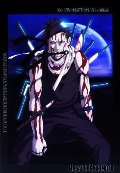 Anime picture 871x1256 with naruto studio pierrot naruto (series) momochi zabuza benderzz single tall image short hair blue eyes black hair holding sky cloud (clouds) inscription teeth mouth hold coloring torn clothes muscle sharp teeth